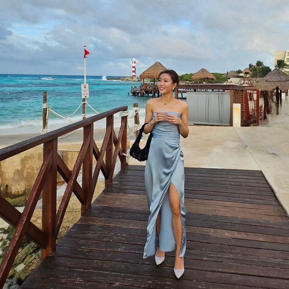Reformation Strapless Blue Silk Dress
